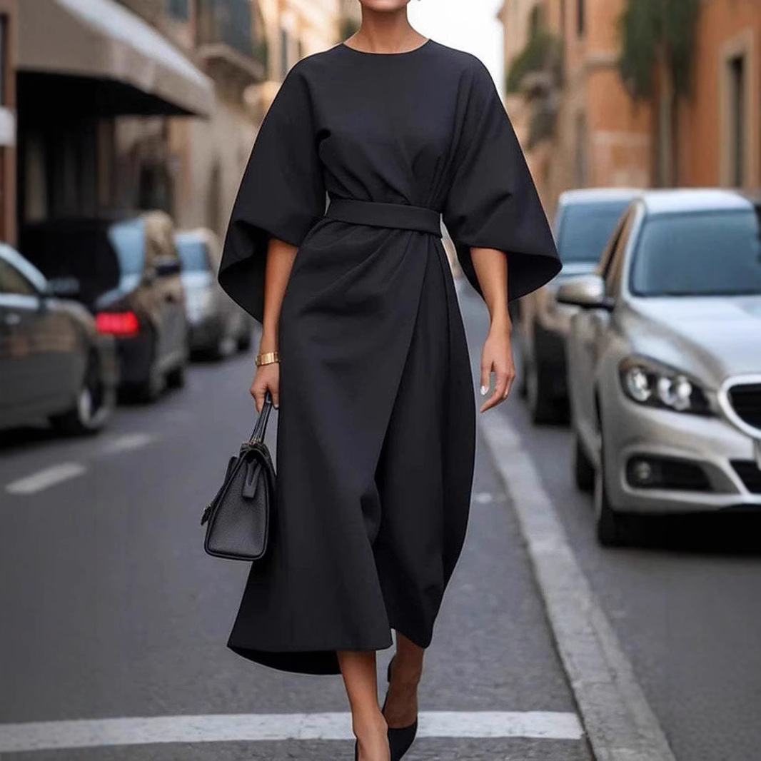 Batwing Sleeve Waist-Tied Dress
