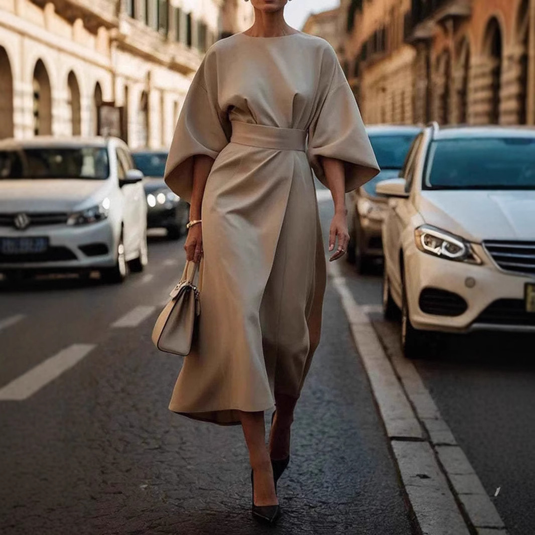 Batwing Sleeve Waist-Tied Dress