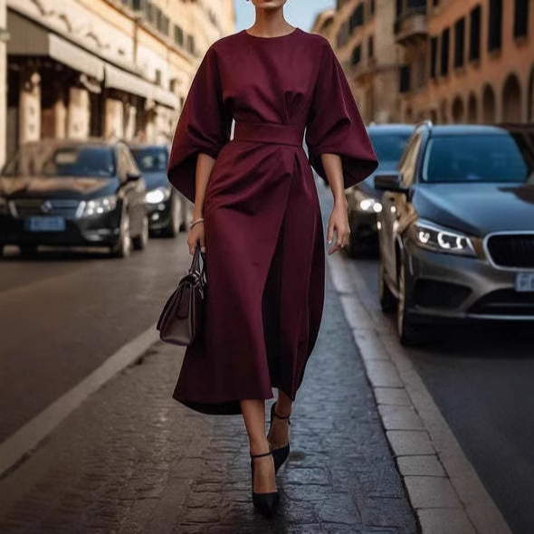 Batwing Sleeve Waist-Tied Dress